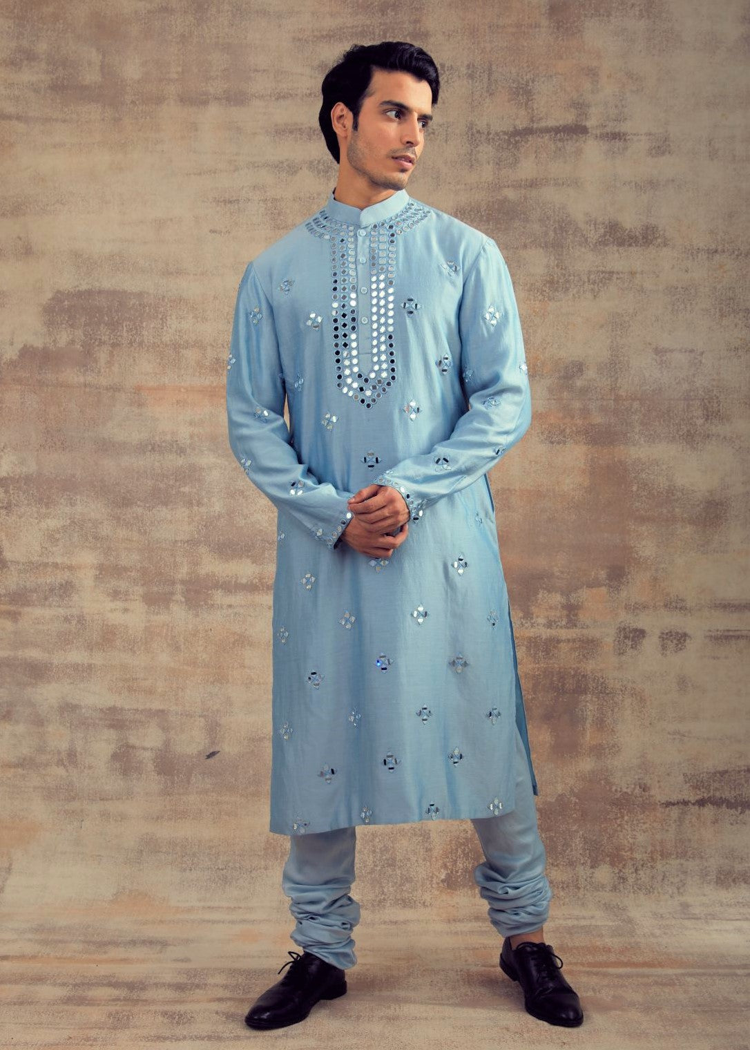 Powdered Blue Color Mirror Embroidery Kurta Set