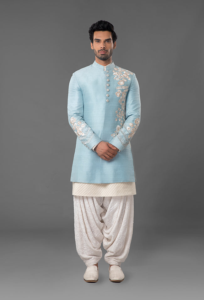 Powdered Blue Raw Silk Sherwani
