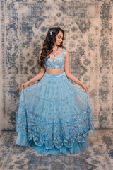 Powdered blue mirror and sequins work lehenga