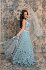 Powdered blue mirror and sequins work lehenga