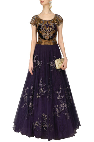 Voilet color Indo Western Gown with Dabka Embroidery
