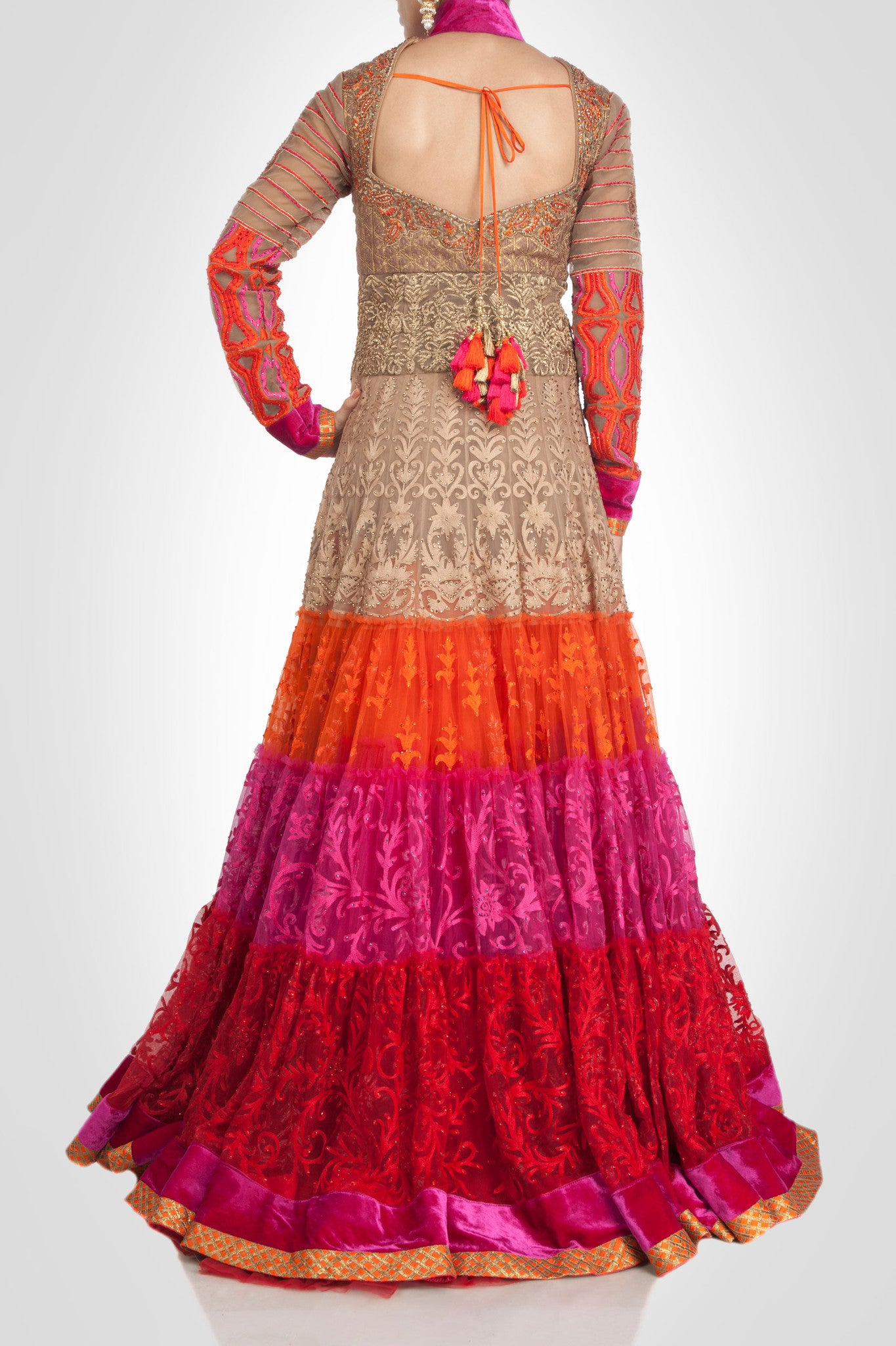 Beige color flaired anarkali suit type lehenga