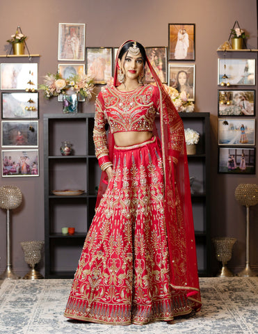 Red Color Hand-Embroidered Bridal Lehenga