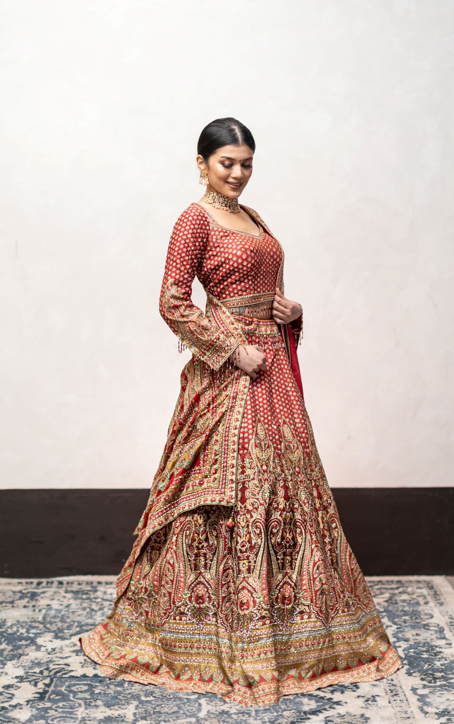 Red Color Swarovski Work Wedding Lehenga