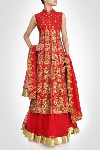 Red color Long Jacket lehenga