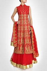 Red color Long Jacket lehenga