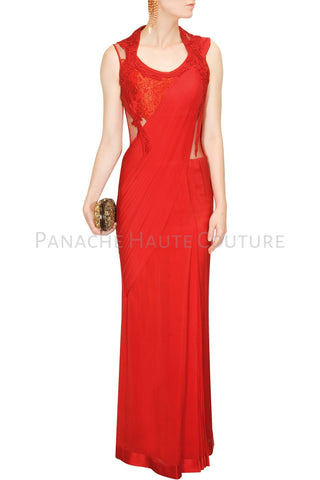 Red Color Designer Saree Gown by Panache Haute Couture