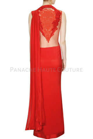 Red Color Designer Saree Gown by Panache Haute Couture