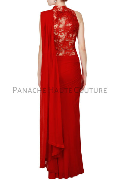 Red Colour Crepe Designer Saree Gown Online Panache Haute Couture