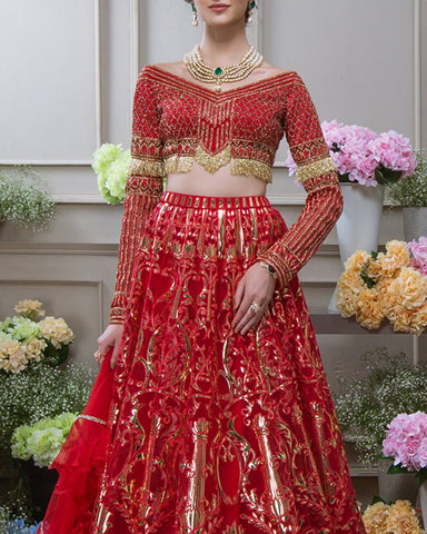 Red Color Gotta Patti Applique Lehenga