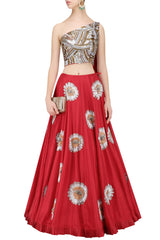 Red Color Lehenga with One Shoulder Blouse