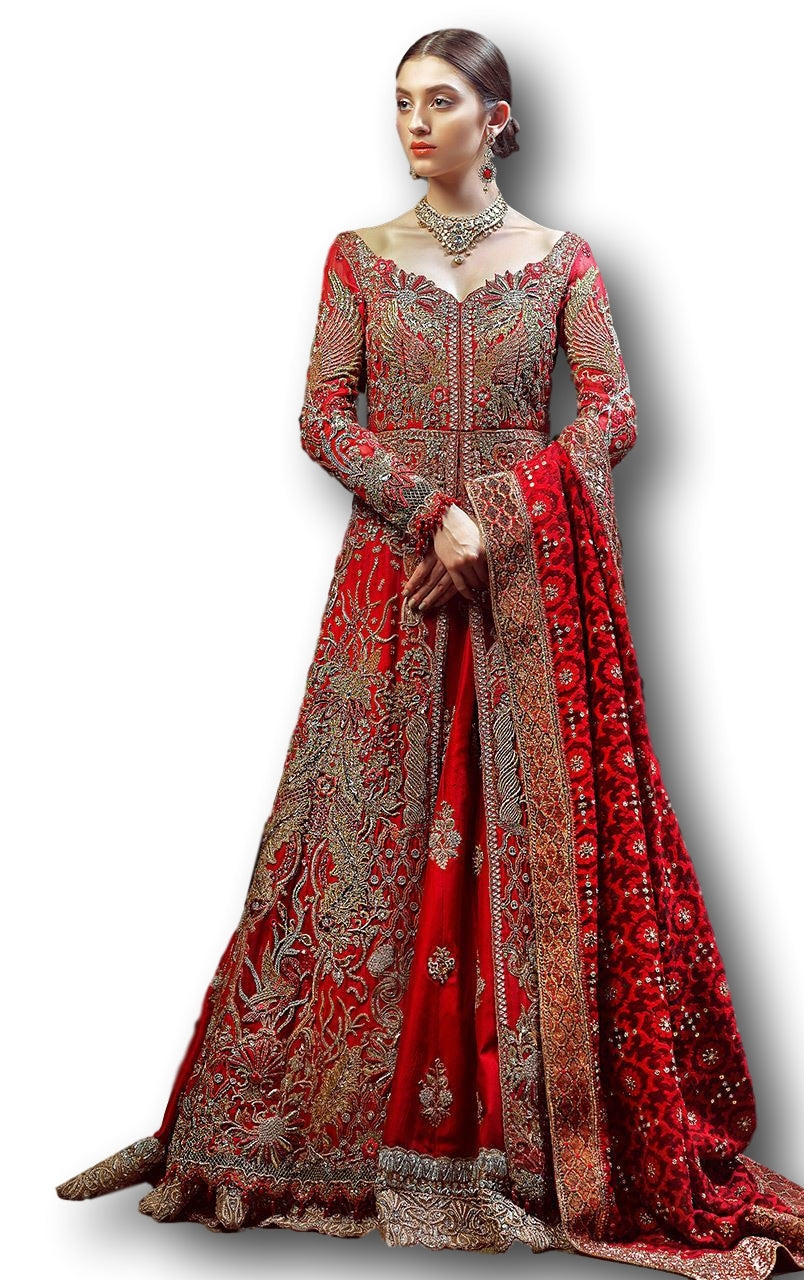 Red Color Wedding Jacket Lehenga
