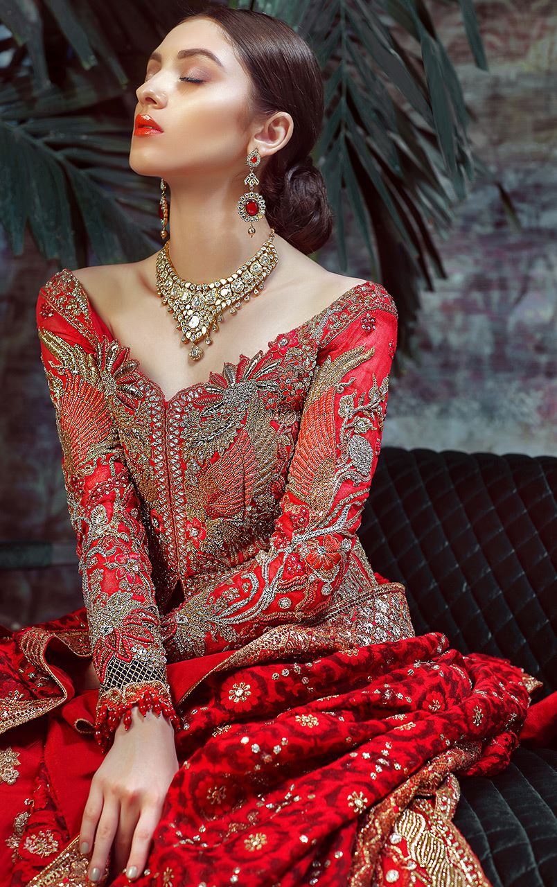 Red Color Wedding Jacket Lehenga
