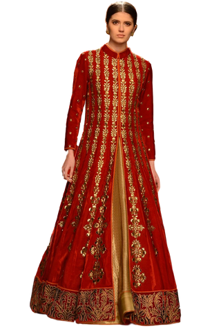 Red color Jacket lehenga in velvet