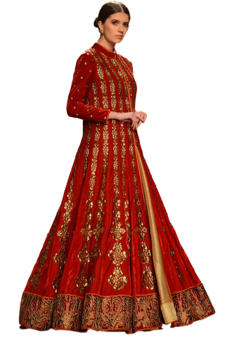 Red color Jacket lehenga in velvet