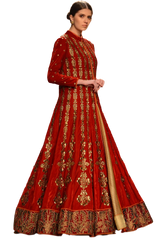 Red color Jacket lehenga in velvet