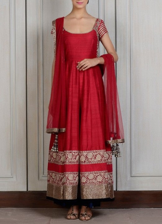 Maroon raw silk anarkali suit
