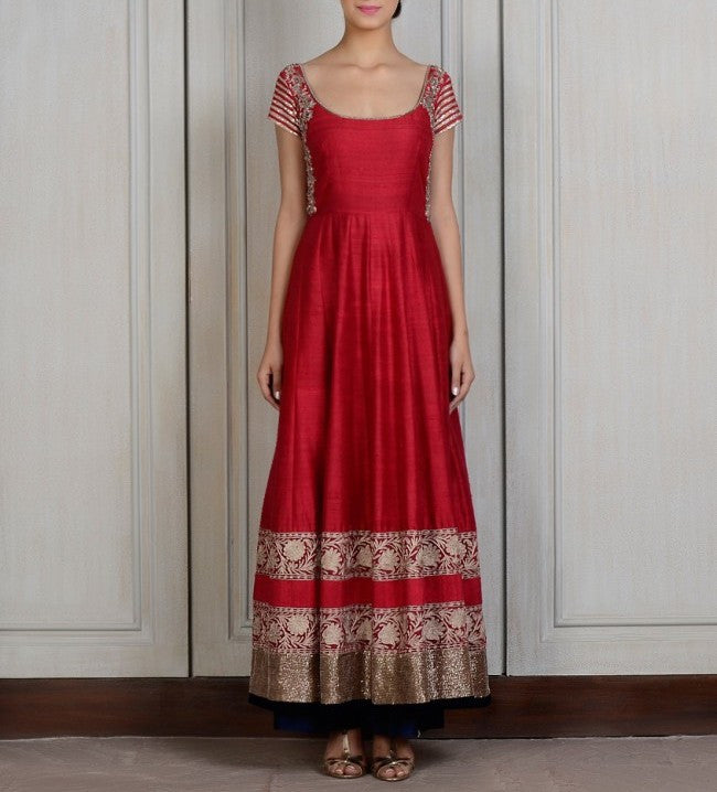 Maroon raw silk anarkali suit