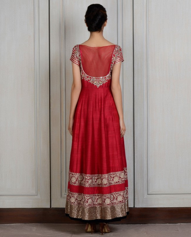 Maroon raw silk anarkali suit