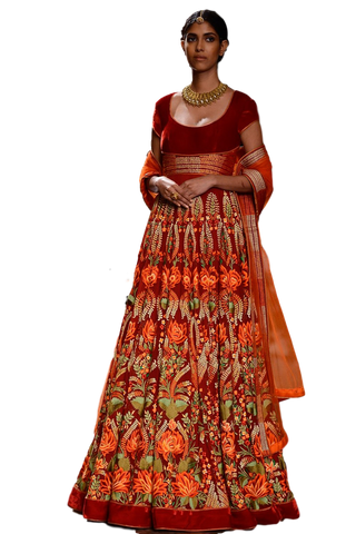 Red color floor length anarkali in velvet