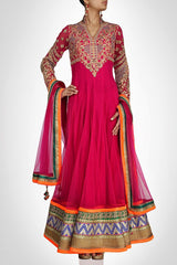 Rose pink long length anarkali suit with orange