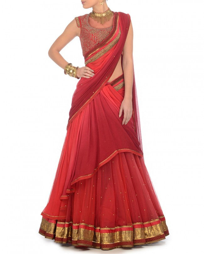 Shaded Coral and red party wear chaniya choli