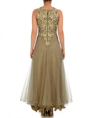 Shimmer net frock suit in beige color