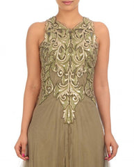 Shimmer net frock suit in beige color