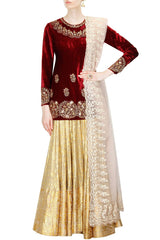 Short Maroon Kurta with Golden Lehenga