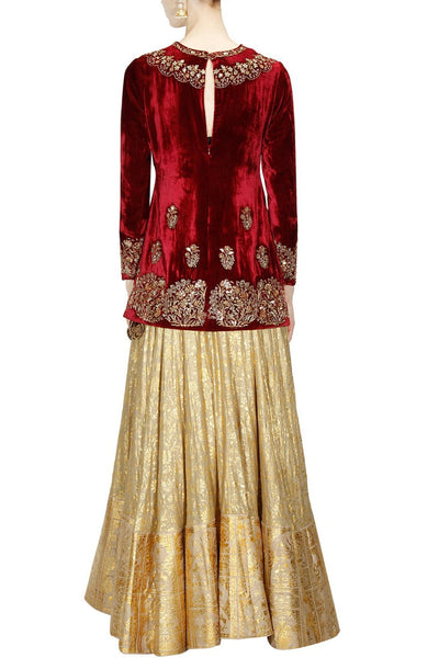 Short Maroon Kurta with Golden Lehenga Set in Velvet