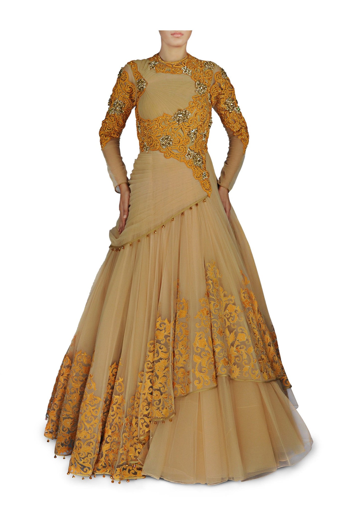 Fawn and Yellow colour Royal Indo Western Gown