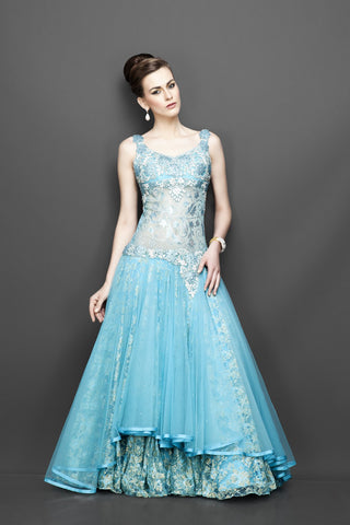 Aqua blue color Indo Western Gown