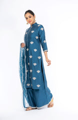 Stunning Classic Blue Chanderi Silk Kurta Set with Palazzo Pant and a Net Dupatta