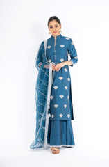 Stunning Classic Blue Chanderi Silk Kurta Set with Palazzo Pant and a Net Dupatta 