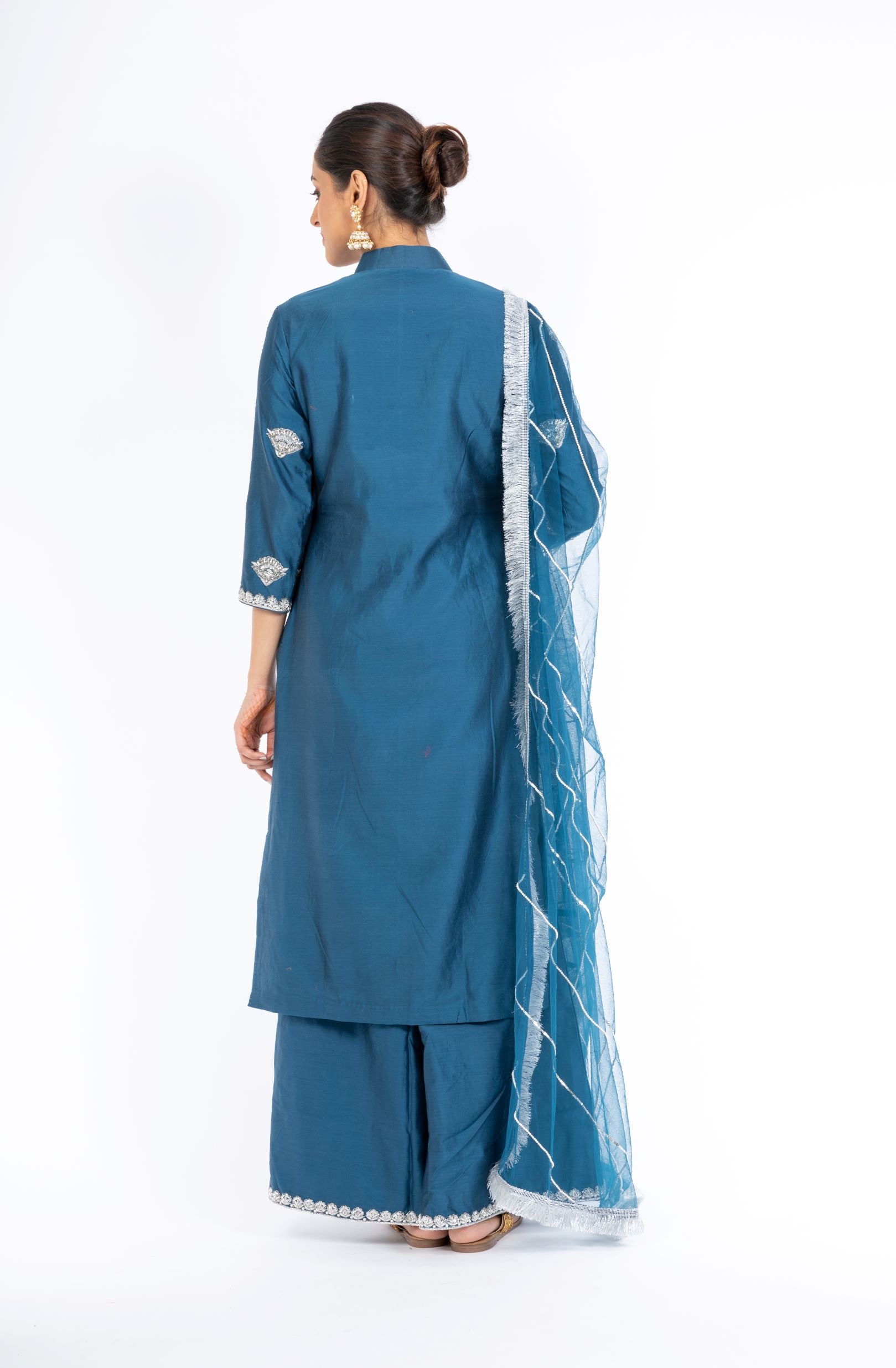 Stunning Classic Blue Chanderi Silk Kurta Set with Palazzo Pant and a Net Dupatta