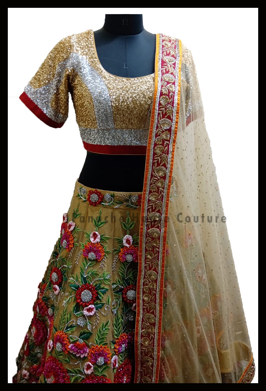 Stunning Party-wear Gold Lehenga with Thread and Hand Embroidery