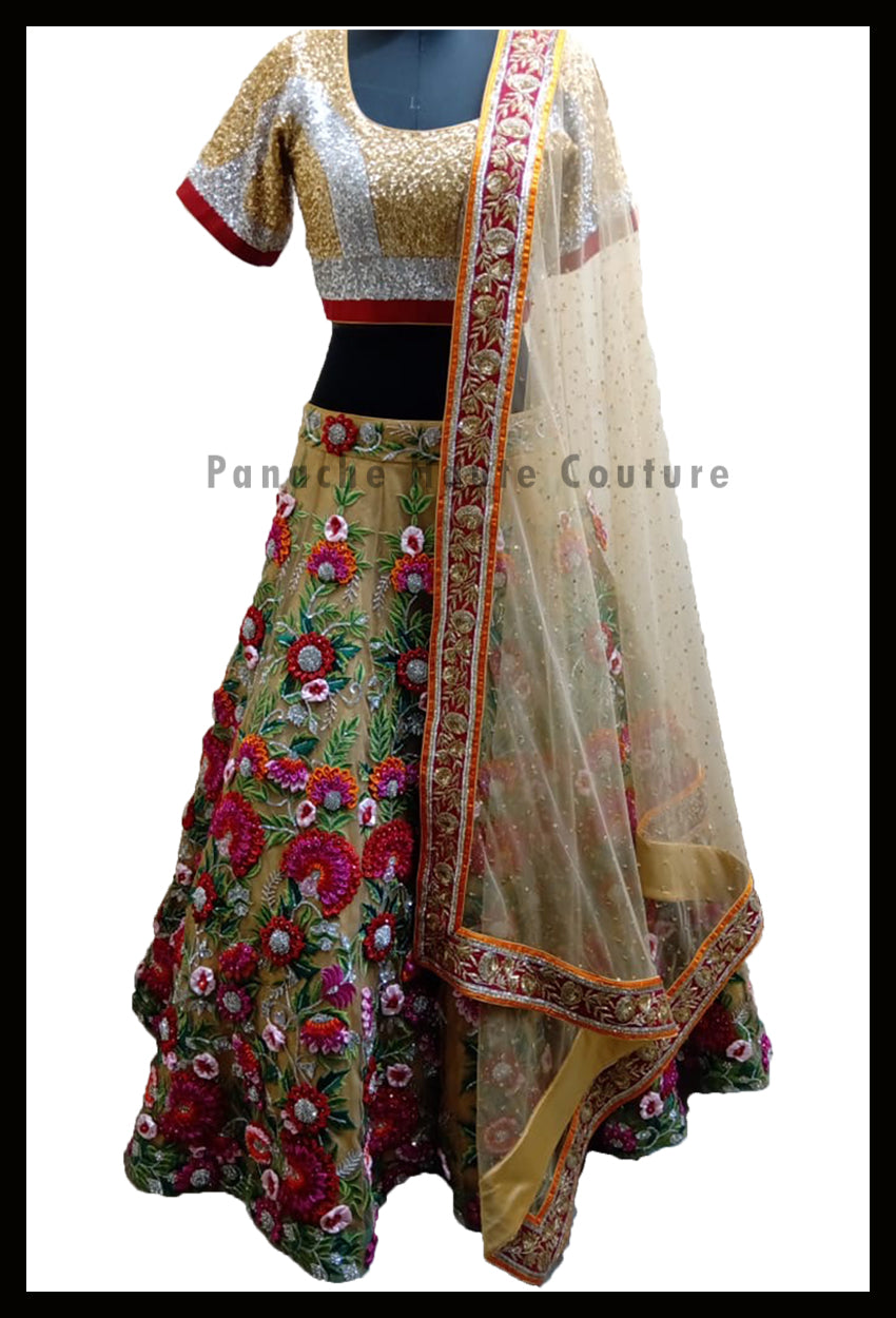 Stunning Party-wear Gold Lehenga with Thread and Hand Embroidery