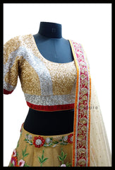 Stunning Party-wear Gold Lehenga with Thread and Hand Embroidery