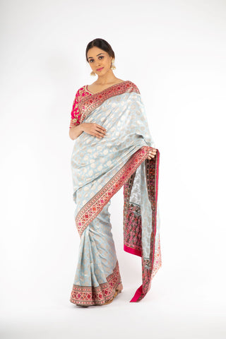 Stunning Powder Blue Banarasi Handloom Saree with Paithani Border