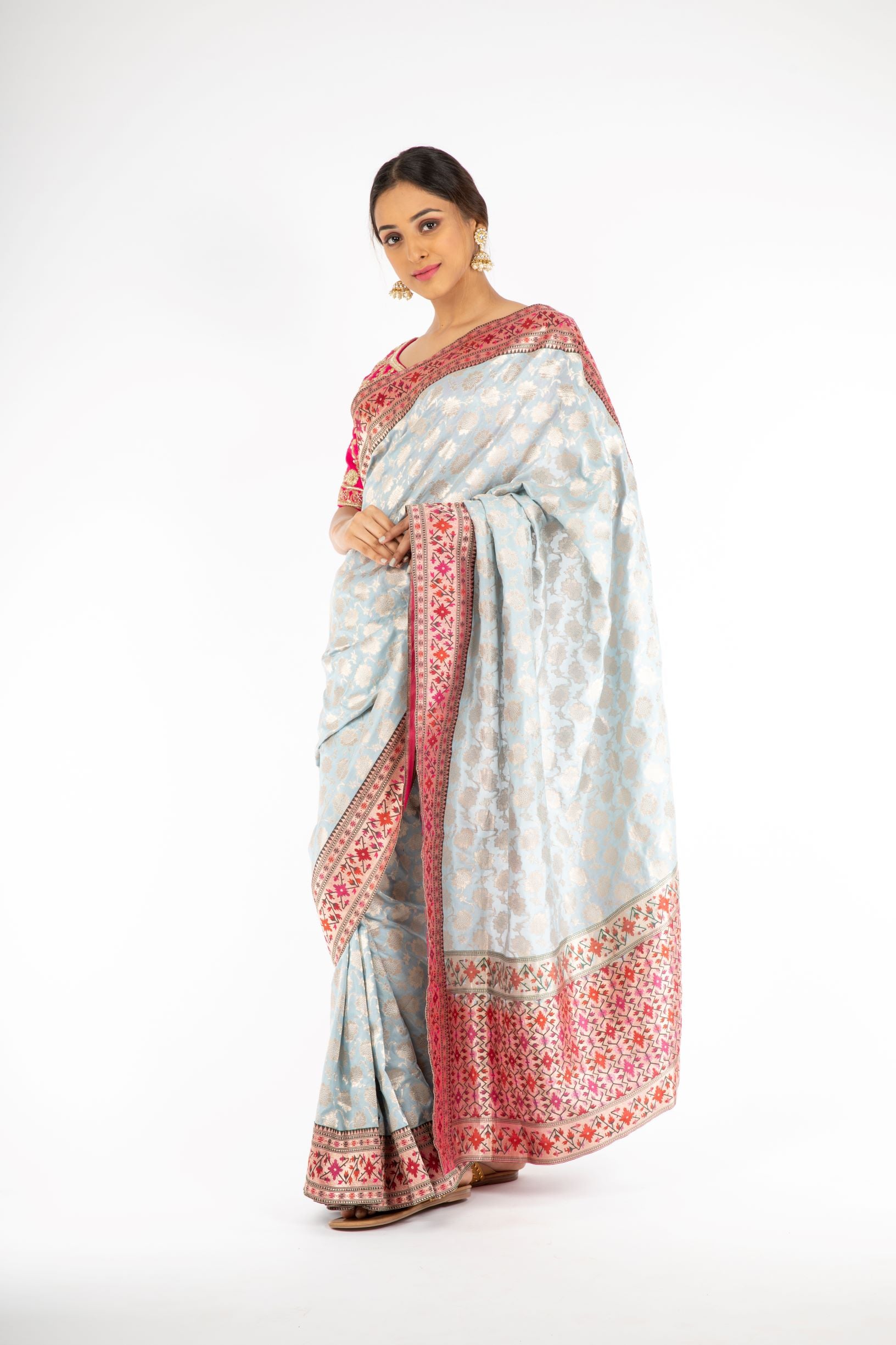 Stunning Powder Blue Banarasi Handloom Saree with Paithani Border