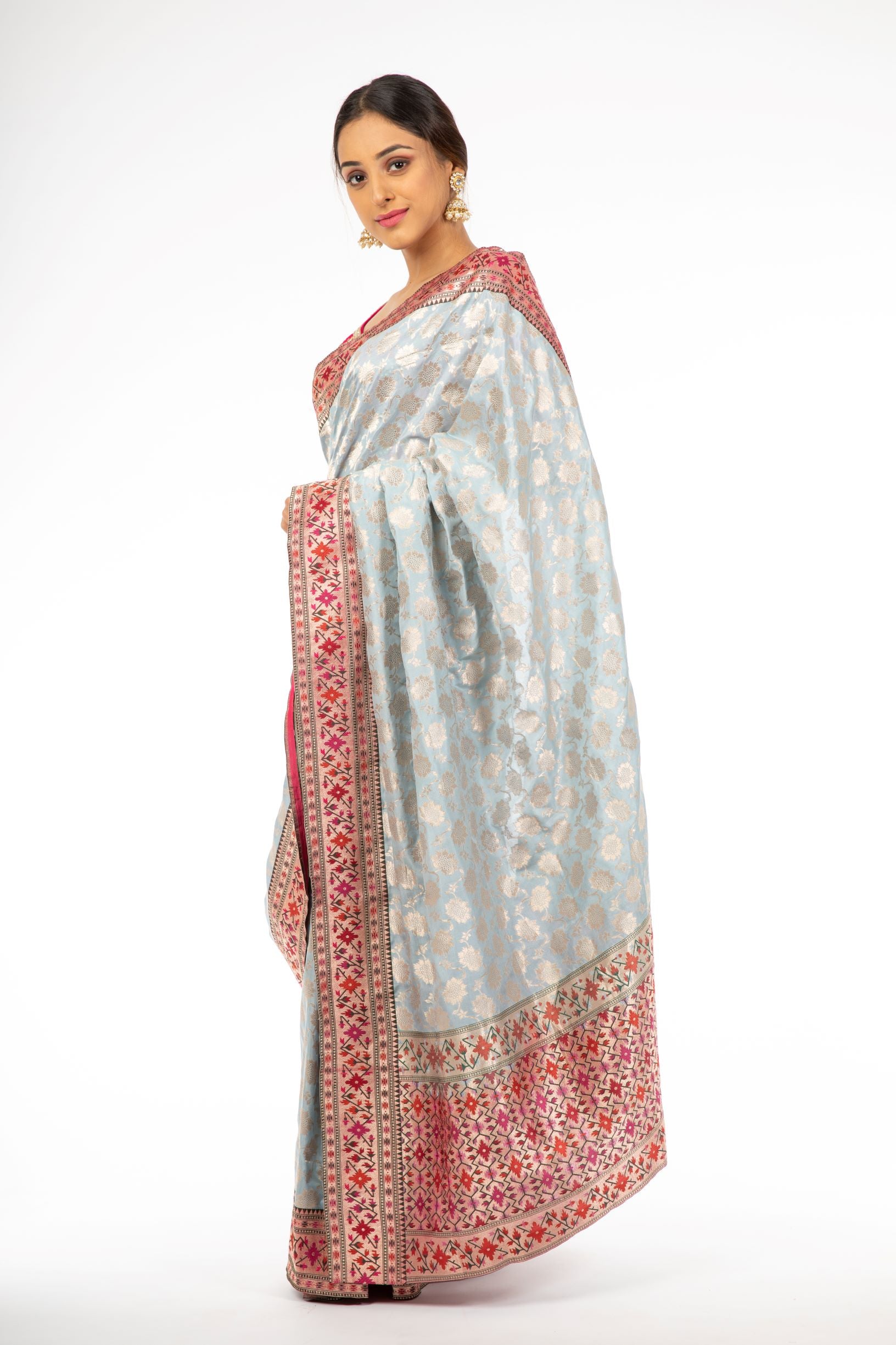 Stunning Powder Blue Banarasi Handloom Saree with Paithani Border