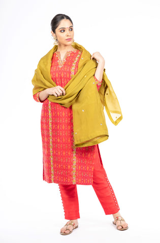 Stunning Red Color Ikkat Raw Silk Salwar Kameez