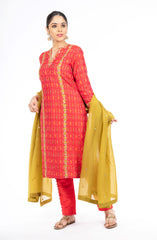 Stunning Red Color Ikkat Raw Silk Salwar Kameez