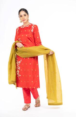 Stunning Red Color Pure Silk Salwar Kameez With an Olive Green Organza Dupatta