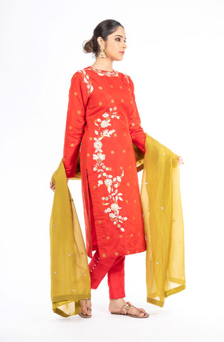 Stunning Red Color Pure Silk Salwar Kameez With an Olive Green Organza Dupatta