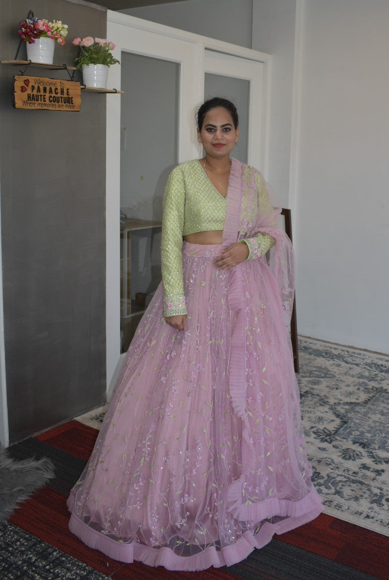 Dazzling Sweet Lilac embroidered Partywear Lehenga with Frill Border Dupatta