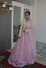 Dazzling Sweet Lilac embroidered Partywear Lehenga with Frill Border Dupatta