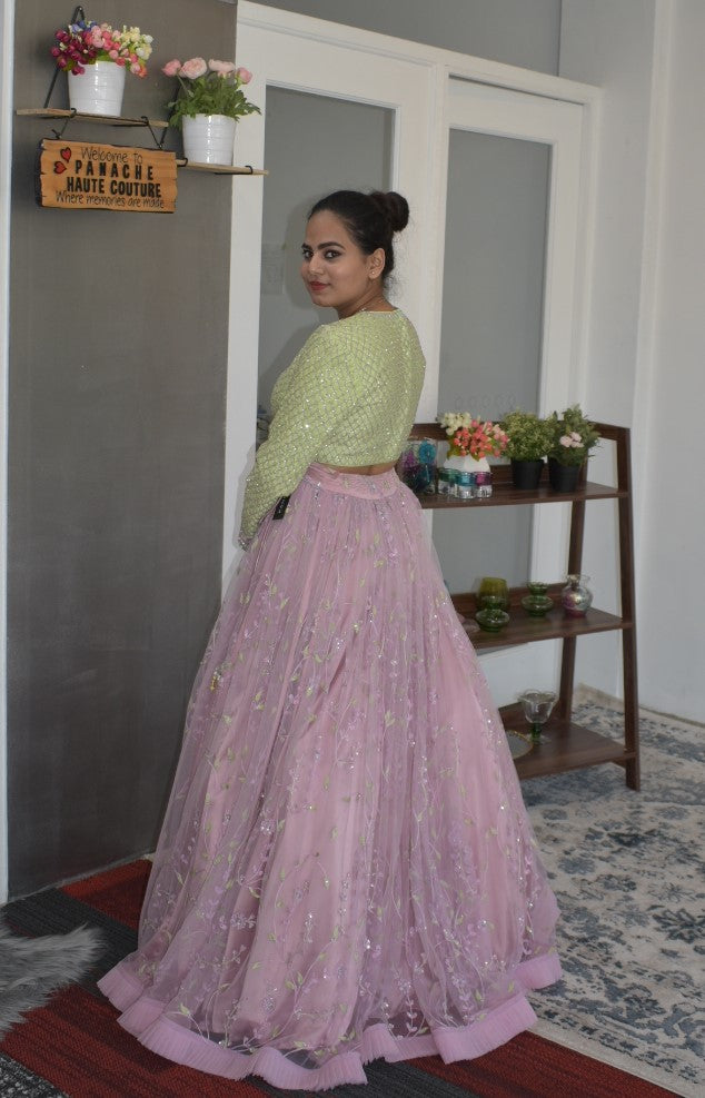 Dazzling Sweet Lilac embroidered Partywear Lehenga with Frill Border Dupatta