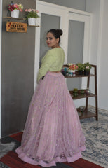 Dazzling Sweet Lilac embroidered Partywear Lehenga with Frill Border Dupatta