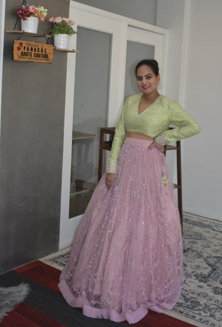 Dazzling Sweet Lilac embroidered Partywear Lehenga with Frill Border Dupatta